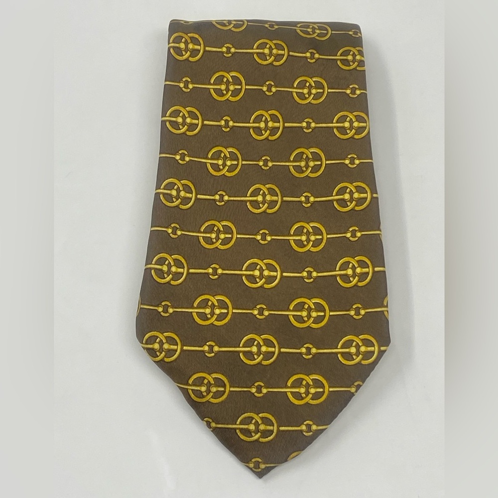 Vintage Hermès Paris Silk Tie Brown & Gold Horsebit Equestrian Pattern